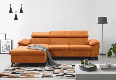 Produktbild von Ecksofa Colin für Wohnzimmer, schwarze MetallbeinePolsterecke Schlaffunktion Bettkasten (Stoff: sally 14 - orange, Ottomane: links)