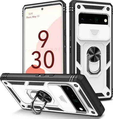 Produktbild von Google Pixel 6 Pro Hülle, Schiebe Kamera Schutz Robust Stoßfest Schutzhülle mit Ringhalterung Ständer Kartenhalter für Google Pixel 6 Pro Weiß