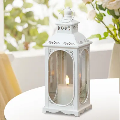 Immagine prodotto di Lanterna bianca, per candele, decorativa, 34 cm, in metallo, per uso esterno, lanterna per tombe, cimitero, resistente agli agenti atmosferici, lanterne, per interni, lanterna da giardino, Natale