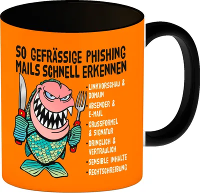 Produktbild von Kaffeebecher Schwarz zum Thema Phishing Mails erkennen mit Fisch Motiv in orange