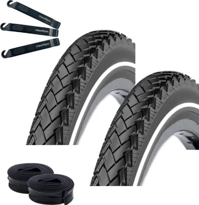 Image de 2 pneus de vélo Rexway « Conejo 02 » anti-crevaison, noirs avec réflecteur 40-622 (28 x 1,50) + 2 chambres à air adaptées SV, démonte-pneus maxxi4you inclus