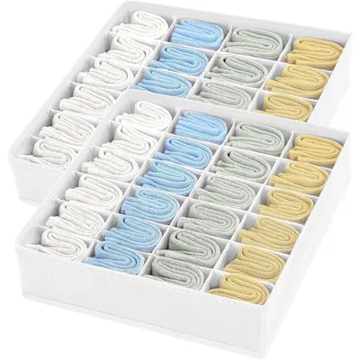 Obrázek produktu pro Úložné boxy na ponožky, zásuvkové organizéry, 24 přihrádek, skládací, 2 kusy, bílé, 30x30x9 cm