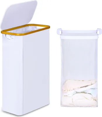 Obrázok produktu pre Kôš na bielizeň s vekom - úzky a skladací - 60 litrov - biely - bambus