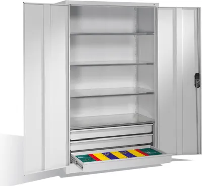 Produktbild von C+P Werkzeugschrank mit Drehtüren, 4 Böden und 3 Schübe, H1950xB1200xT600mm Front Lichtgrau Korpus Lichtgrau