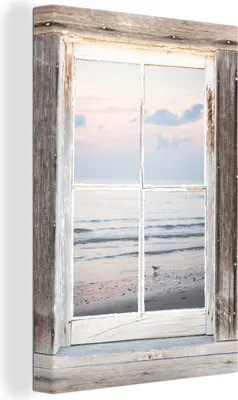 Produktbild von OneMillionCanvasses® - Leinwandbilder - 90x140 cm, Durchblick - Strand - Vogel, - Geöffnetes Fenster - Fensterblick Schlafzimmer Kunstdruck Wanddekoration - Foto auf Leinwand - Gemälde auf Holzrahmen  - Wandschmucke - Schlafzimmer