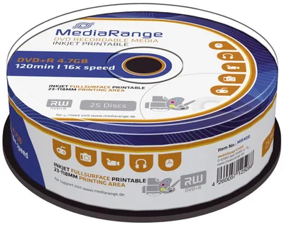 Immagine prodotto di MediaRange MR408 DVD+R - 4,7GB/120Min, 16x/fusibile, stampabile, confezione da 25