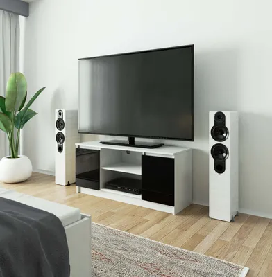 Produktbild von TV Lowboard – TV Schrank – TV Ständer – TV Tisch – 120 cm – Weiß / Schwarz Hochglanz – Funktionale Medienaufbewahrung mit Klapptüren