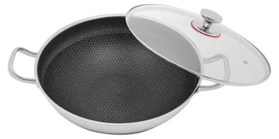 Immagine prodotto di Wok antiaderente in acciaio inossidabile - Padella da 33,5 cm - Coperchio in vetro temperato - Adatto al gas e alla maggior parte dei fornelli - Per 3-4 persone - 2,28 kg - Argento