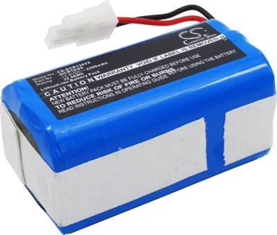 A close-up of a blue lithium-ion battery pack with a white connector and wires.