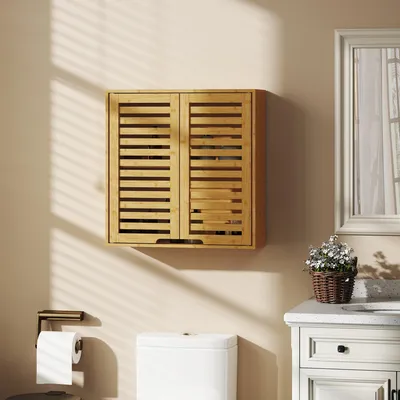 Produktbild von Sweiko Badezimmerschrank Hängeschrank aus Bambus mit atmungsaktiv Lamellentüren, verstellbar Ablage 60 x 20 x 60 cm Naturholz