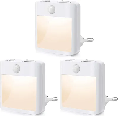 Produktbild von 3 Stück LED Nachtlicht Steckdose Dimmbar Warmweiß mit Bewegungsmelder und Dämmerungssensor für Treppe, Schlafzimmer, Flur