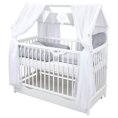 Produktbild von Baby-Delux Hausbett Kinderbett Gitterbett weiß 60x120 Beißschienen Schublade Schutzgitter Matratze Bett Set Loving Bears