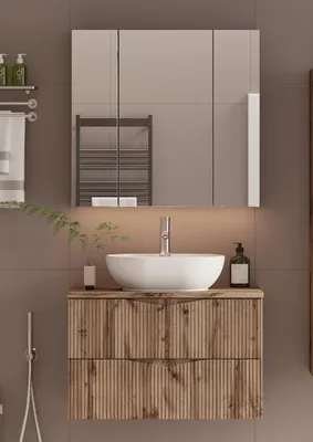 Produktbild von Badmöbel-Set 2-teilig mit 80 cm Waschtisch & Spiegelschrank in Eiche mit gerillter Front - CALURI-140