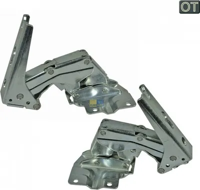 Two metal hinges are shown against a white background.