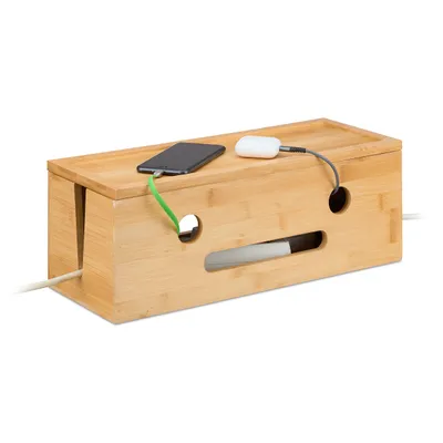 Image de Boîtier de rangement pour 2 multiprises Relaxdays, en bambou, H x l x P : 15,5 x 42 x 16 cm, pour dissimuler les câbles, boîtier pour multiprises, couleur naturelle