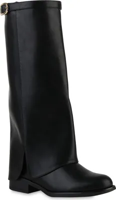 A black leather boot with a buckle at the top and a split shaft.