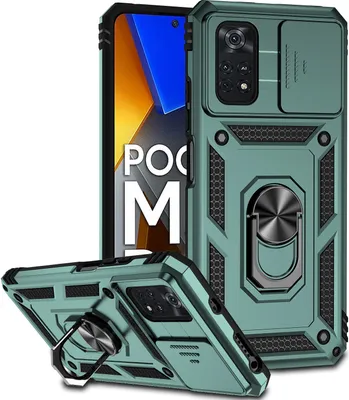 Produktbild von Xiaomi Poco M4 Pro 4G Hülle mit Schiebe Kamera Schutz und Ringhalter Ständer Robust Rüstung Schutzhülle für Xiaomi Poco M4 Pro 4G Grün