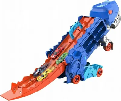 Produktbild von Dinosaurier Transporter LKW | Spielzeug-Truck mit 12 Autos & Rennbahn | Fressfunktion & Tragegriff | 43 cm Blau