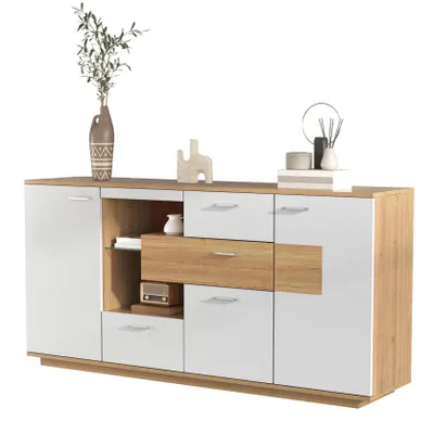 Produktbild von Sideboard - 160x40x77cm Weiß/Holzoptik - LED mit 16 Farben & 2 Türen+4 Schubladen