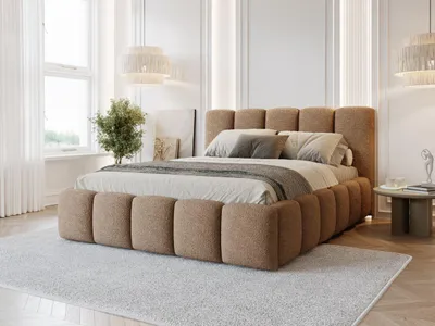 Produktbild von FurniDe24 Polsterbett Venus 200x200 cm - Bett 200x200, Polsterbett mit Bettkasten & Lattenrost - Bouclé-Stoff - Bett Hellbraun (Quelle 18)