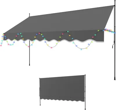 Obrázek produktu pro Clanmacy upínací markýza s LED 400x120cm markýza Výškově nastavitelná balkonová markýza s ruční klikou Ochrana proti slunci bez vrtání pro terasy a balkony Šedá barva