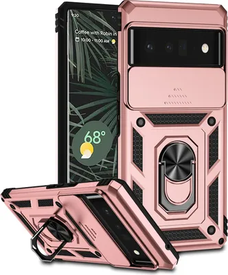 A rose gold Google Pixel 6 Pro phone case with a sliding camera cover and a ring stand is displayed from multiple angles.