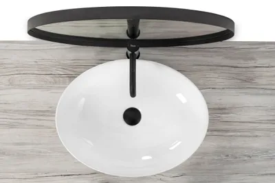 A white oval basin sink with a black faucet and drain, mounted on a wooden surface.
