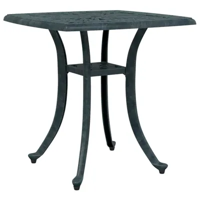 A square garden table made of cast aluminum.