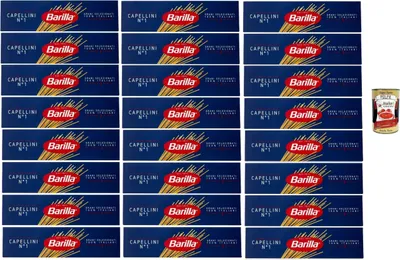 Produktbild von Barilla Capellini Nr.1 Pasta – 24 x 500 g (12 kg) | Extra feine Spaghetti, al dente in 3 Min., 100% italienischer Hartweizengrieß – für leichte Saucen & Suppen + Italian Gourmet polpa