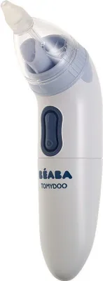 A close-up studio shot of a white electric baby nasal aspirator with blue accents and a clear tip.