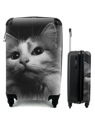 Produktbild von MuchoWow® Koffer Handgepäck Trolley Rollkoffer Kleine Reisekoffer mit 4 Rollen - Tierprofil Katze in schwarz und weiß - Cabin Size < 55x40x23 cm & 55x40x20 cm - Fotokoffer - Kabinenkoffer - Boardgepäck - Reise-Box - Reisekoffer - Reisegepäck - Koffer mit Bild - Trolley für Kinder