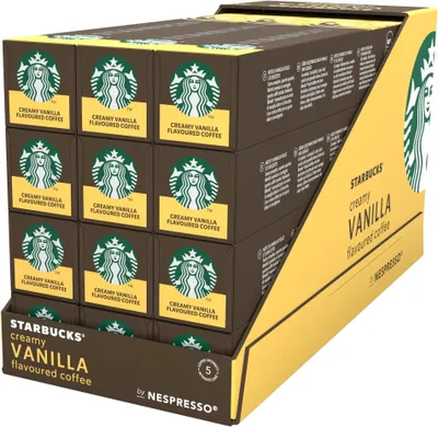 A display box filled with Starbucks Creamy Vanilla flavored coffee pods for Nespresso.