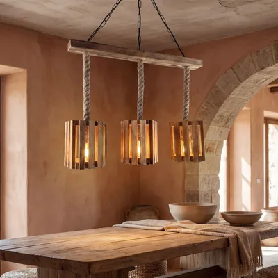 Produktbild von Pendelleuchte Holz Metall E27 H: max. 87 cm Schwarz geflammtes 3-flammig länglich Modern Hängeleuchte