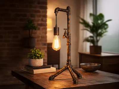 Produktbild von Große Tischlampe AMARCORD in Industrial Wasserrohr Optik, Rost