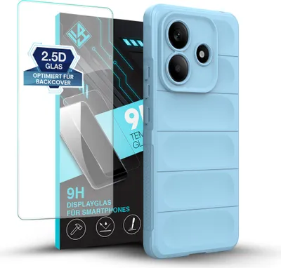 Produktbild von Handy Hülle für Xiaomi Redmi Note 14 5G mit 9H Displayglas Displayschutz Plus Grip Case Cover Schutzhülle Softgrip Farbe: Hellblau