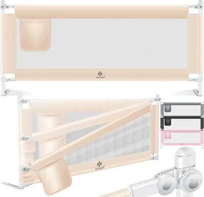 A collage of images showing a beige bed rail in different states and colors, along with a close-up of its adjustable mechanism.