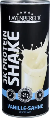 Produktbild von Layenberger Nutrition Group 3K PROTEIN SHAKE Vanille-Sahne, Pulver, Milcheiweiß, Sojaprotein, Molkenproteinkonzentrat, Vanille, Sojaeiweißisolat 50%, Milcheiweißisolat 26%, Molkeneiweißkonzentrat 18%, Aroma,..., 366 kcal, 1554 kJ