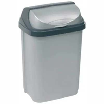A gray trash can with a dark gray lid.