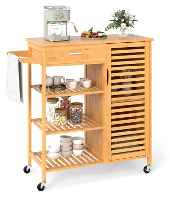 Produktbild von COSTWAY 91x44x89cm Küchenwagen aus Holz Bambus, Küchenschrank mit Rollen, Schublade, 3 Regalen, Handtuchhalter&1 Lattentür-Schrank, Servierwagen Natur