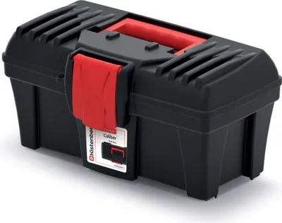 A black toolbox with a red handle and latch, shown on a white background.