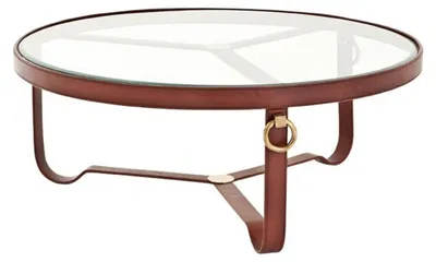 Immagine prodotto di Tavolino da caffè rotondo di design "Casa Padrino", rivestito in vera pelle con applicazioni in ottone, diametro 100 cm, altezza 40 cm