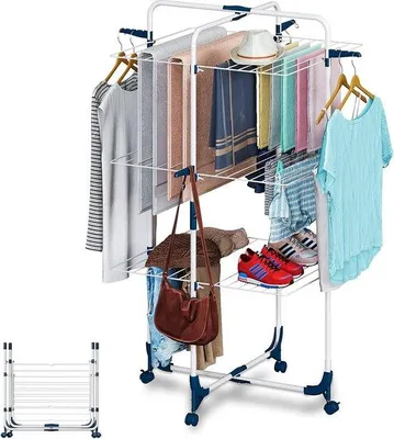 Produktbild von Famanu Kleidungstrockner Turm, faltbar und platzsparend, 3 Ebenen, 6 klappbare Flügel, mobil, Weiß und Blau