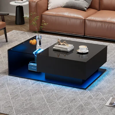 Produktbild von MODFU Couchtisch Wohnzimmertisch LED-Hochglanz-Desktop für Wohnzimmer, Schlafzimmer, Beistelltisch Rechteckiger mit Glasplatte und Schubladen, Schwarz