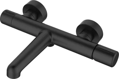 A black matte bathtub faucet mounted on a white background.