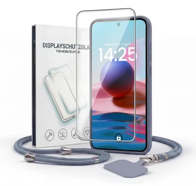 Produktbild von Handyhülle für Xiaomi Redmi Note 10 mit Handykette und 9H Displayglas Displayschutz Band Kordel Hülle Case Schutzhülle Lavendelblau Blau