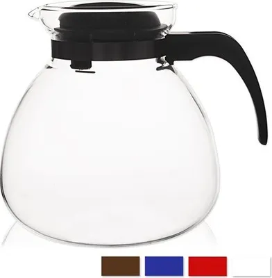 A clear glass coffee pot with a black lid and handle, isolated on a white background.