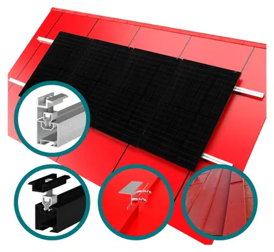 Produktbild von Montageset für Klickfix Blechdach Stehfalz schwarz zur Befestigung von Solarmodulen auf Schrägdächern