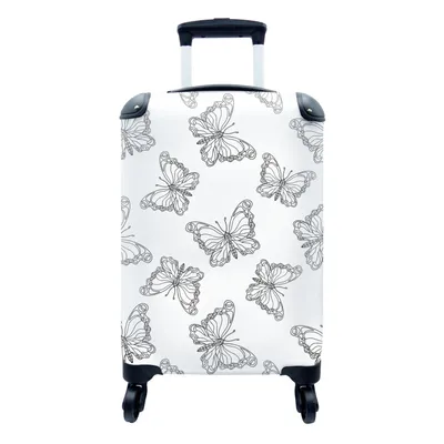 Produktbild von MuchoWow® Koffer Handgepäck Trolley Rollkoffer Kleine Reisekoffer mit 4 Rollen - Schmetterlinge - Muster - Schwarz und Weiß - Cabin Size < 55x40x23 cm & 55x40x20 cm - Fotokoffer - Kabinenkoffer - Boardgepäck - Reise-Box - Reisekoffer - Reisegepäck - Koffer mit Bild - Trolley für Kinder