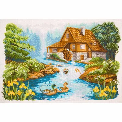 Produktbild von CdA Bedrucktes Aida für Kreuzstickerei "Wassermühle" PA1647, 29 x 40cm