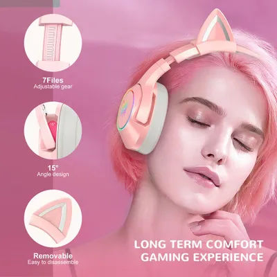A woman with pink hair wearing pink cat-ear headphones, with close-up insets showing product features.
